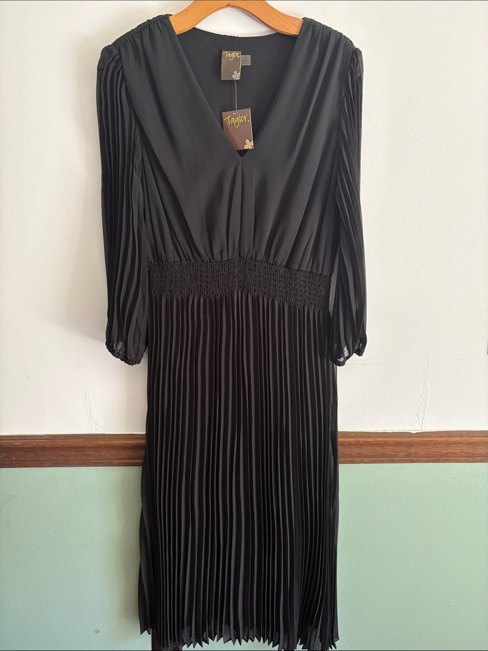 Taylor Black Pleated V-Neck Midi Dress with Smocked Waist